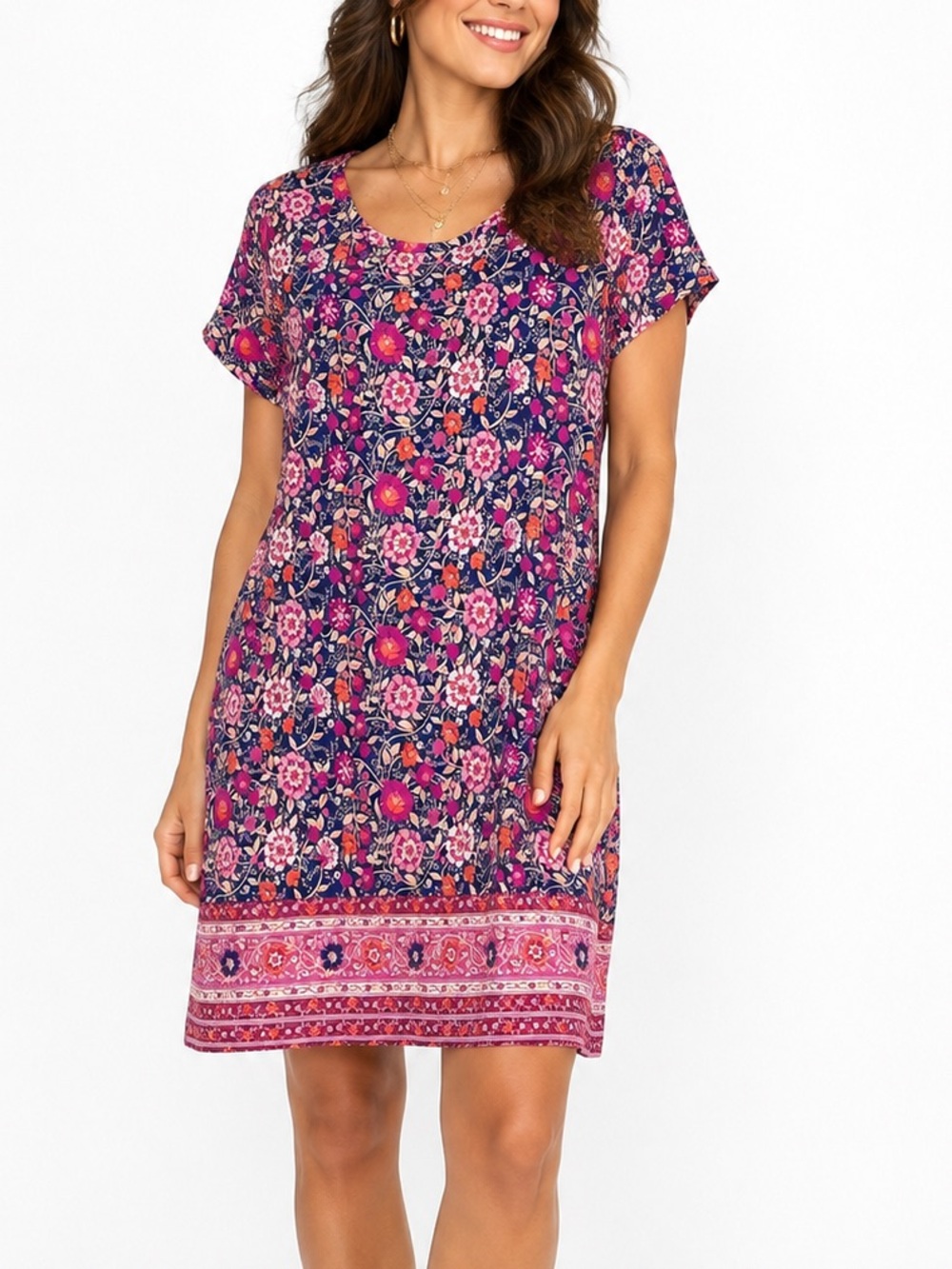 Lucky Brand Boho Floral Border Print Soft Knit Short Sleeve Festival Dress 1X